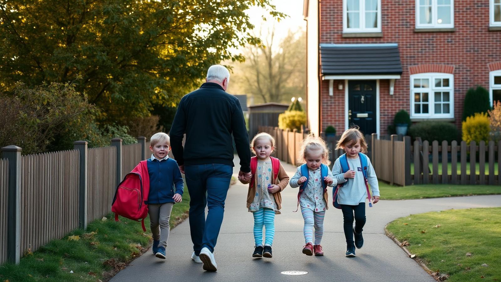 Parent walking with young children outside a traditional British family home