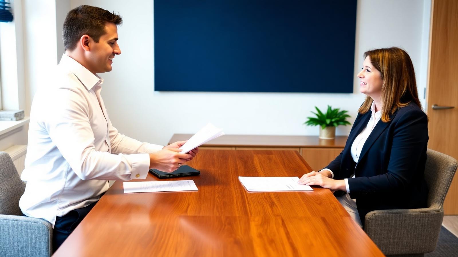 Professional financial adviser meeting with a client across a desk in a modern UK office
