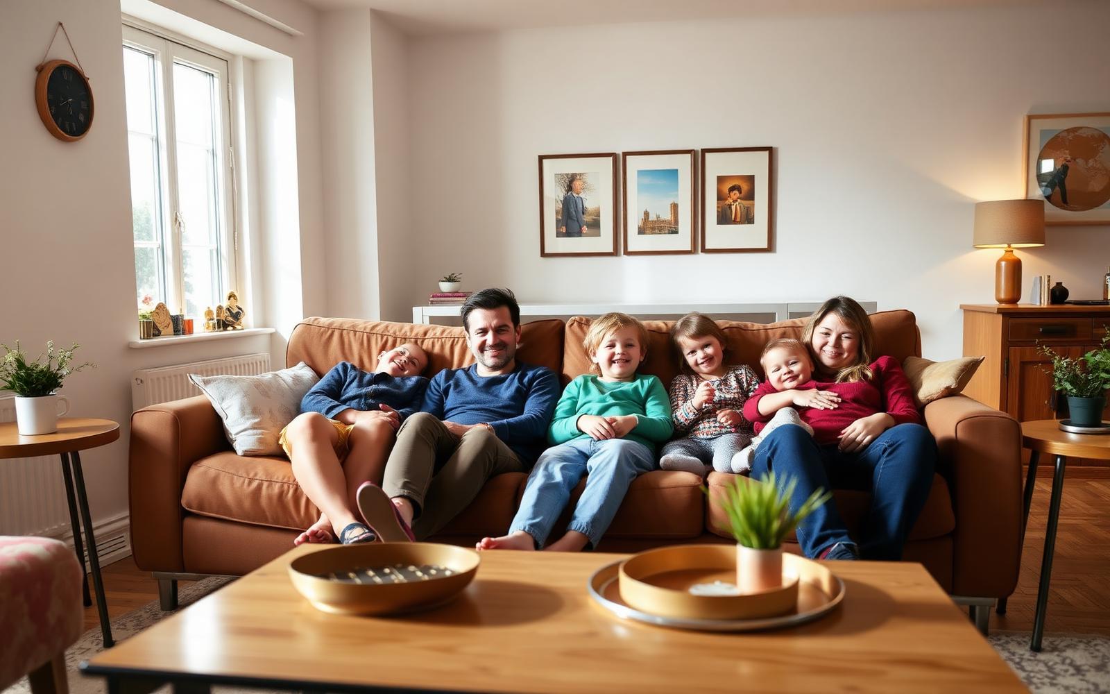 UK family relaxing together on a sofa in their living room