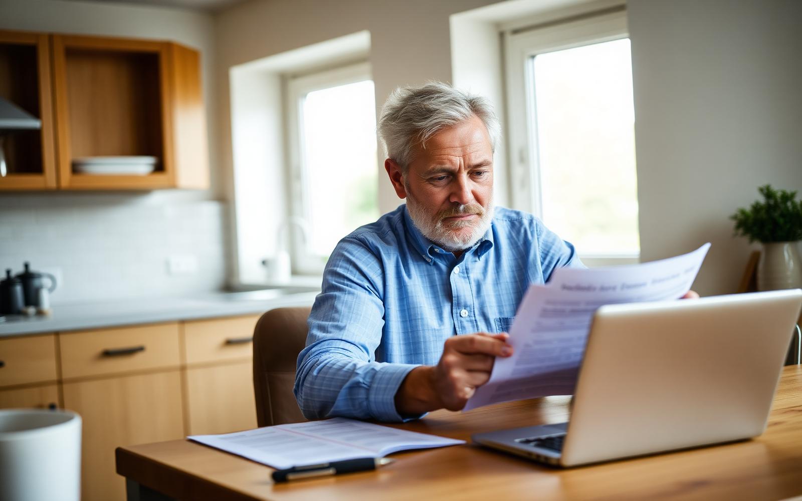 Man at his kitchen table reviewing an insurance policy document with a laptop