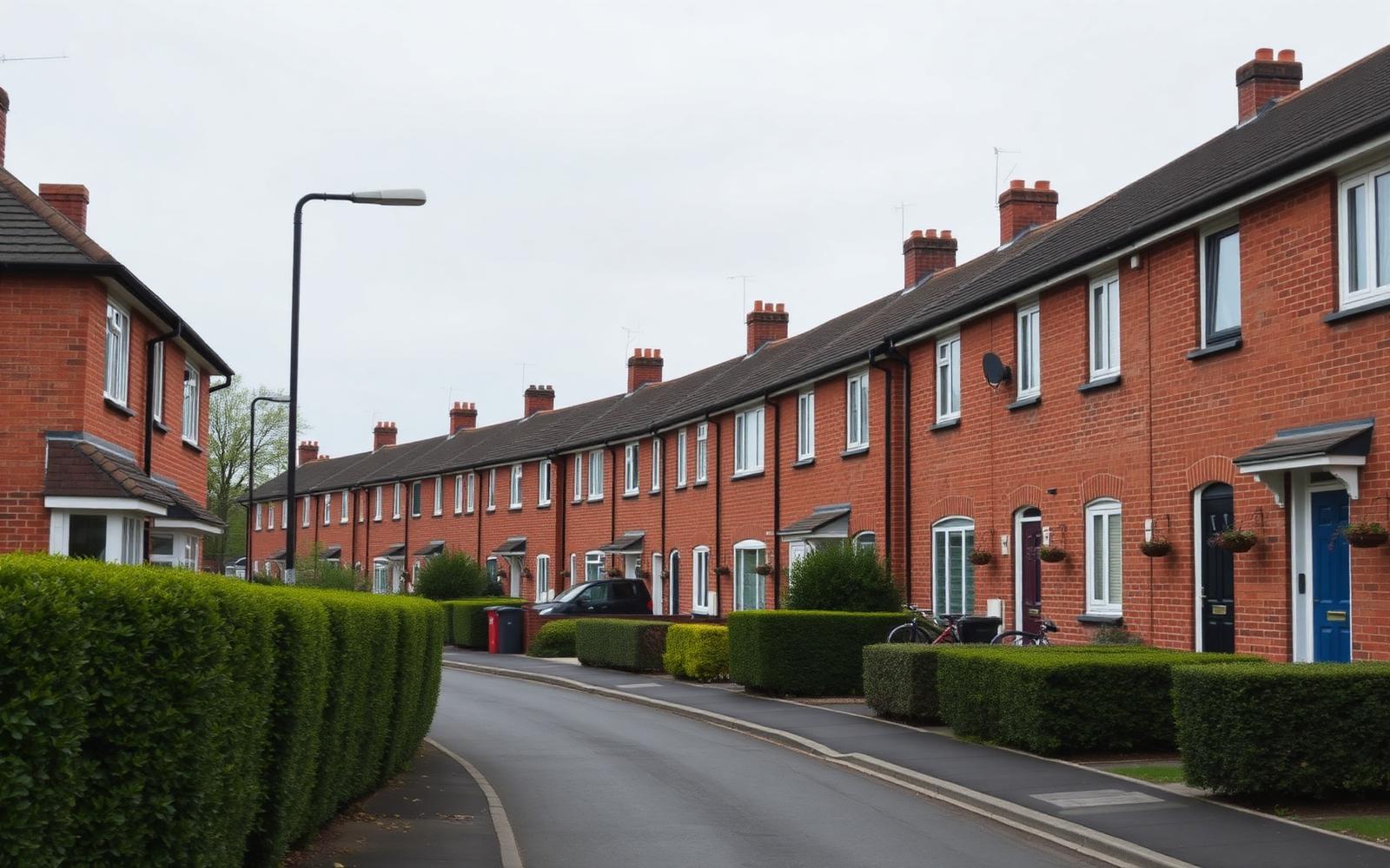 Quiet UK suburban street lined with brick terraced houses