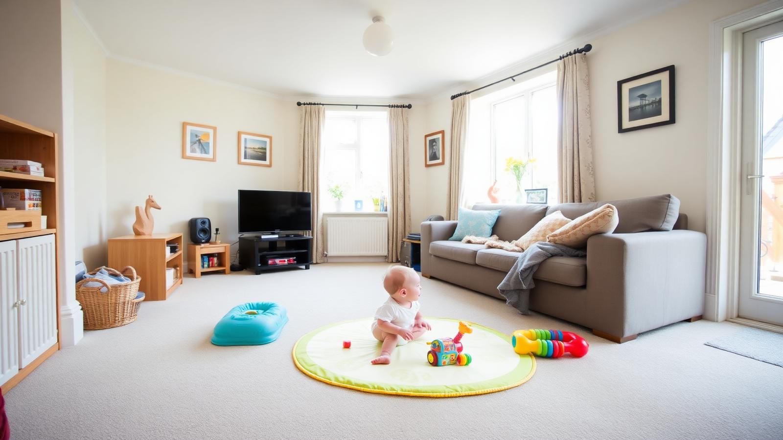 Bright living room in a UK family home with a baby play mat and toys