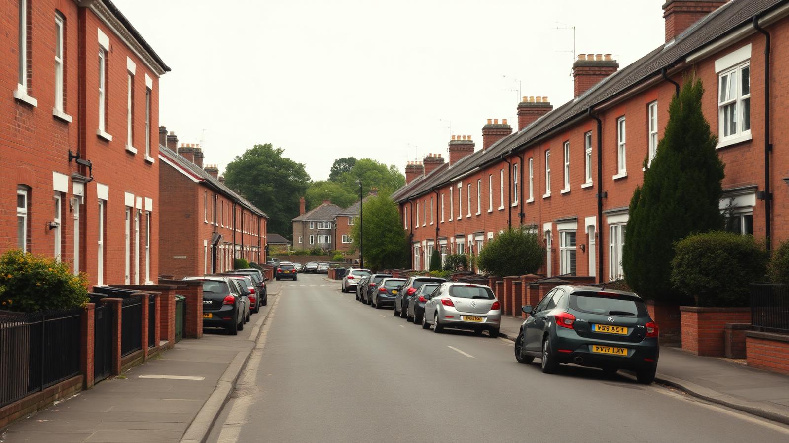 Row of red-brick British terraced houses on a quiet residential street