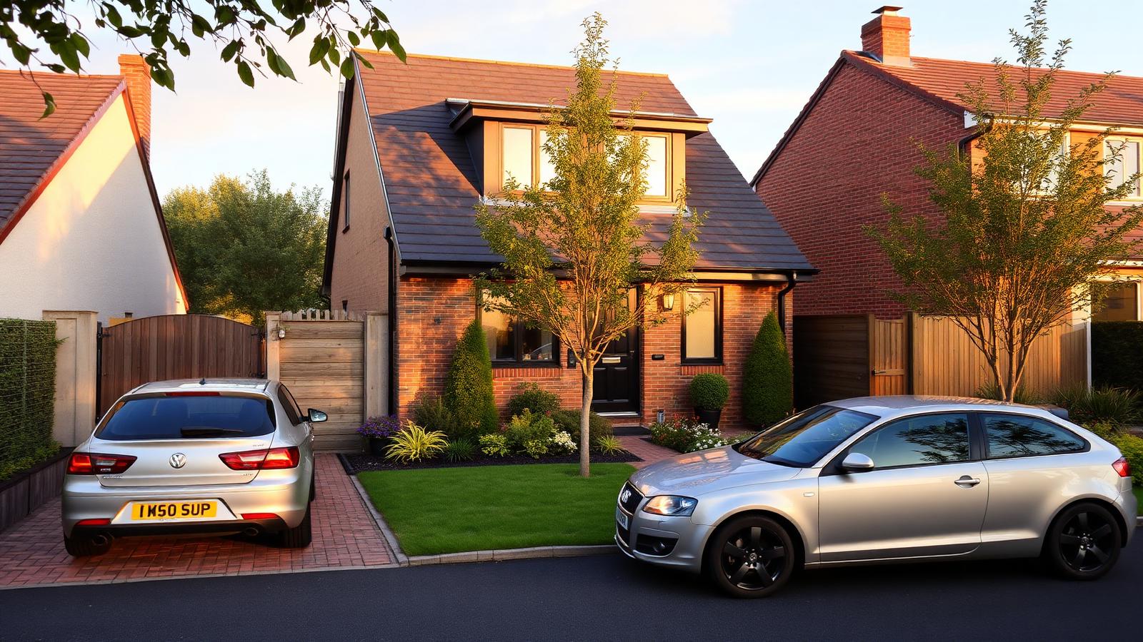 UK new-build detached house with a family car on the driveway at dusk