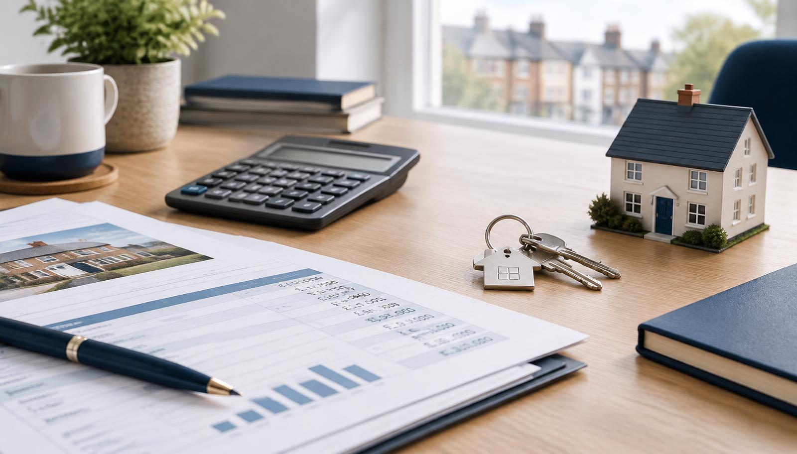 Mortgage paperwork, calculator and house keys on an adviser’s desk