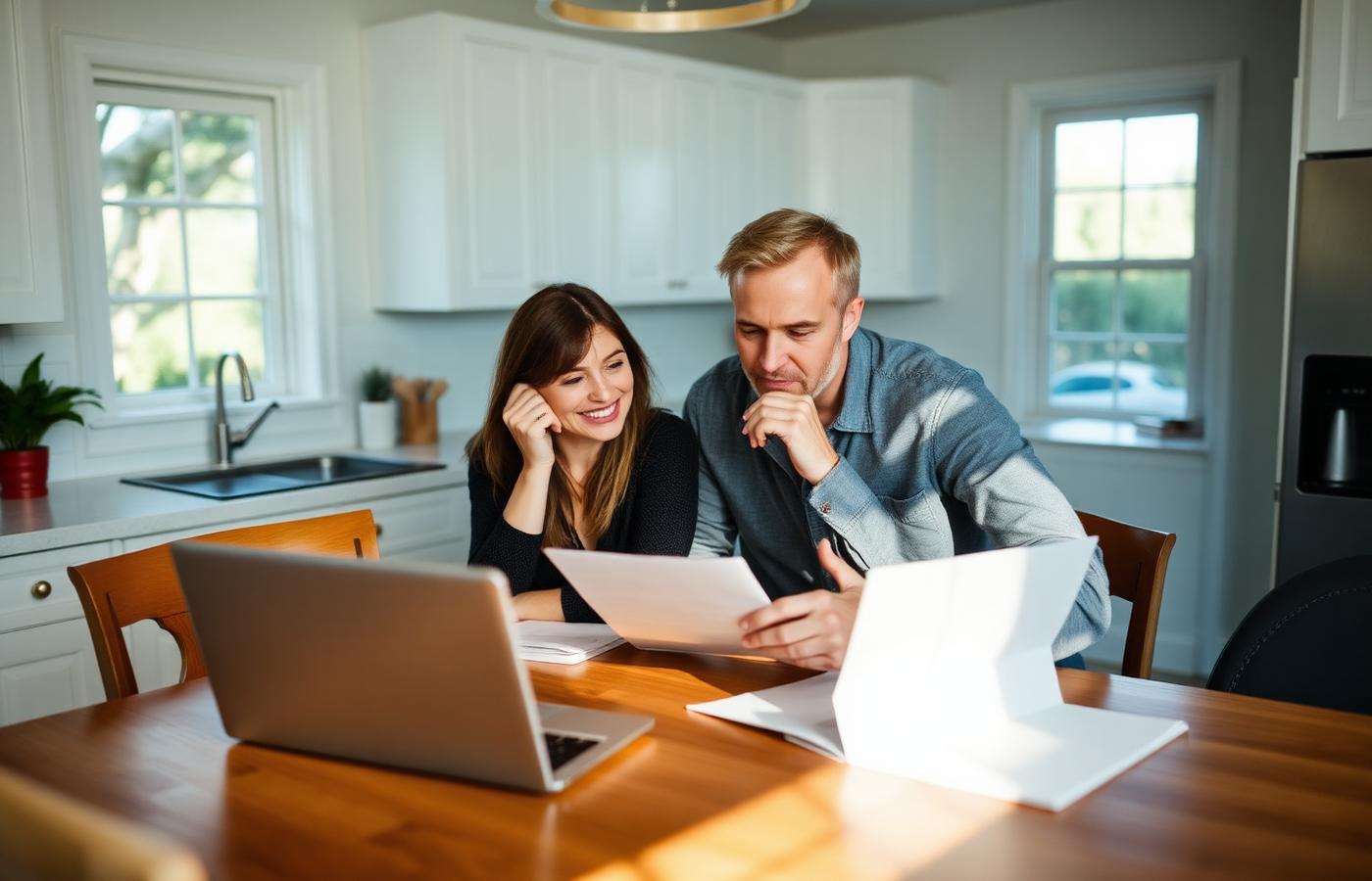 Couple reviewing mortgage paperwork and a laptop at a kitchen table