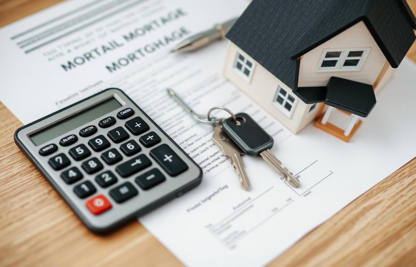 Calculator, house keys and mortgage documents on a wooden desk