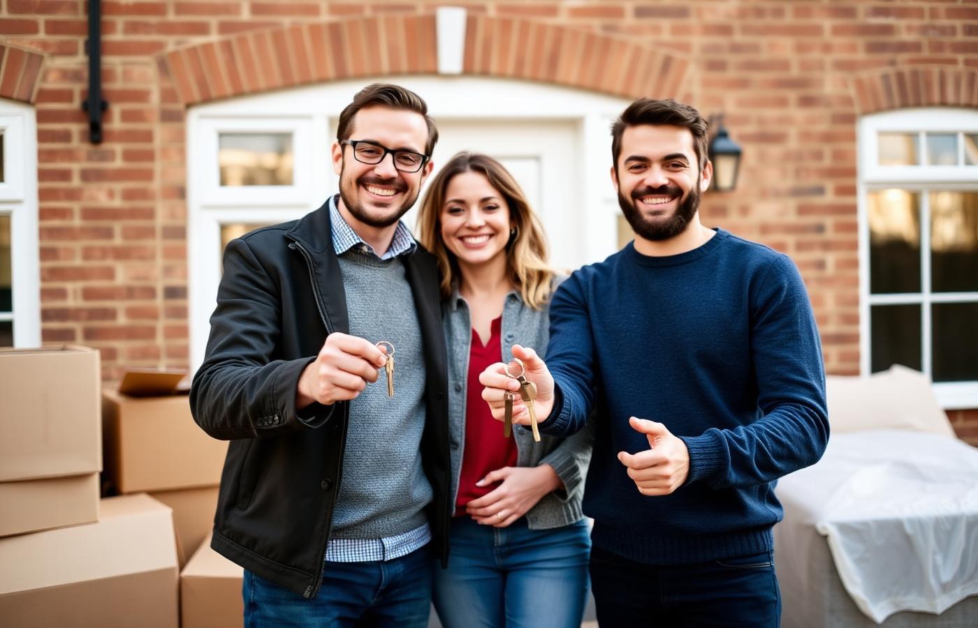 Happy couple holding keys outside their new British home on moving day