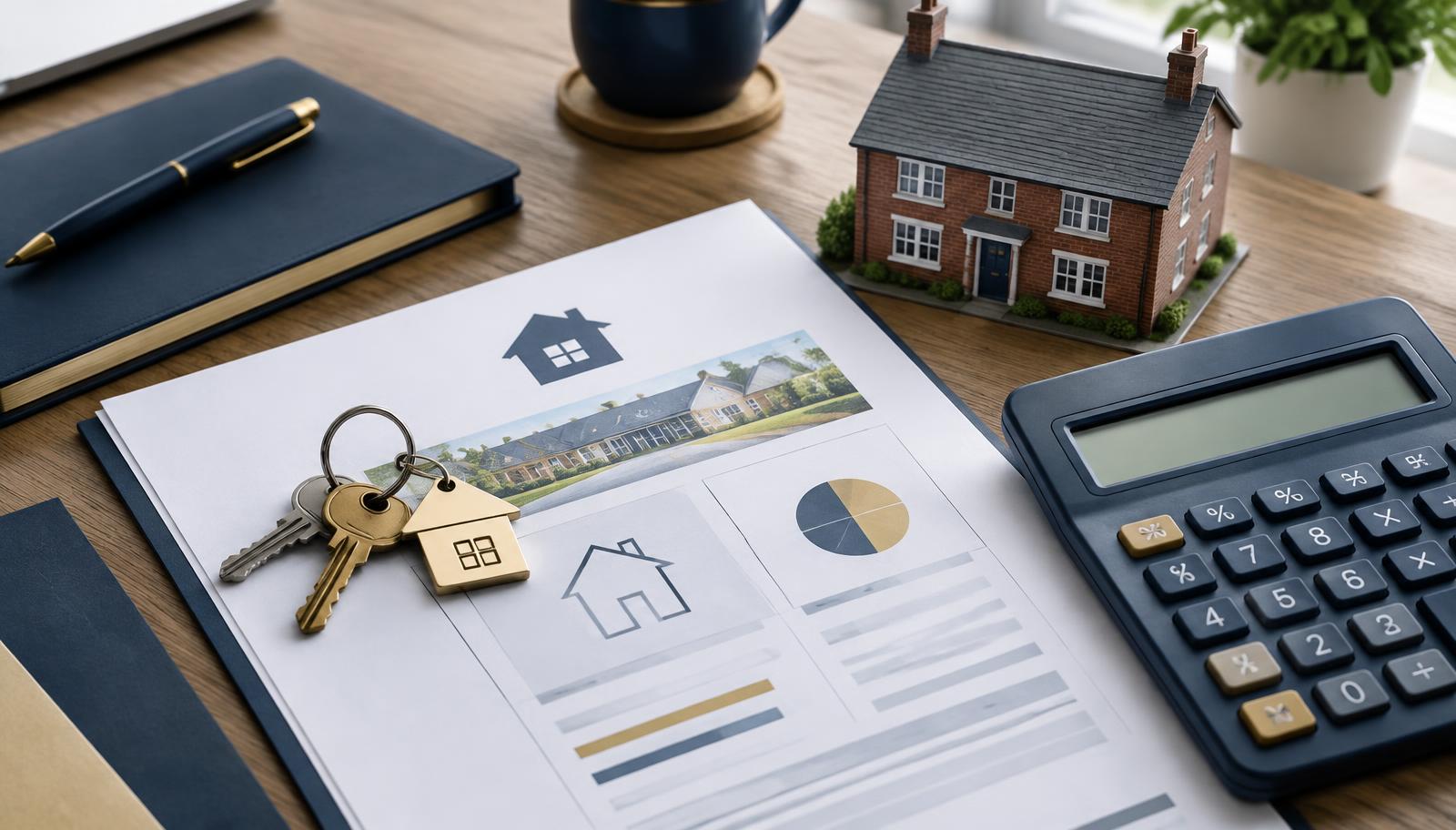 House keys, mortgage paperwork and a calculator illustrating a no-deposit mortgage
