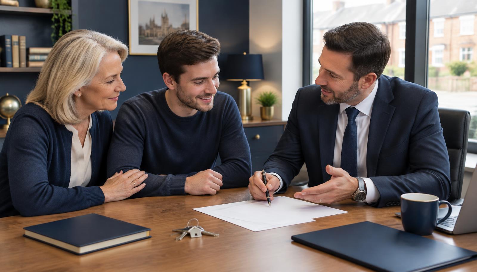 Mortgage adviser discussing a family-supported purchase with a buyer and parent