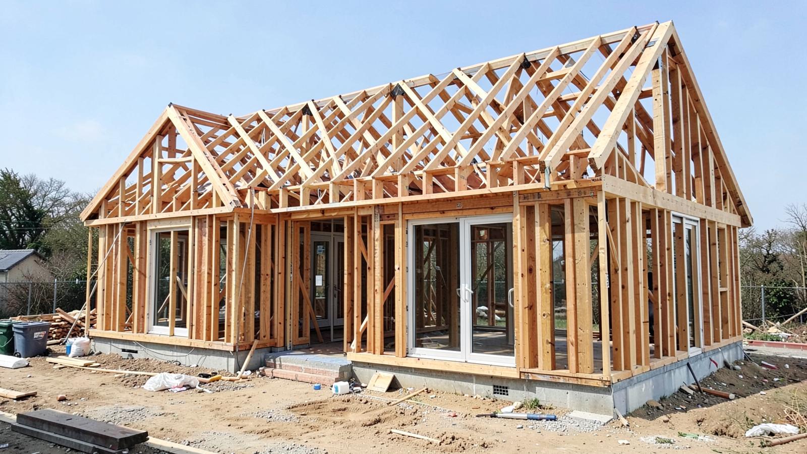 A modern UK timber-frame house under construction with the timber frame and roof trusses exposed
