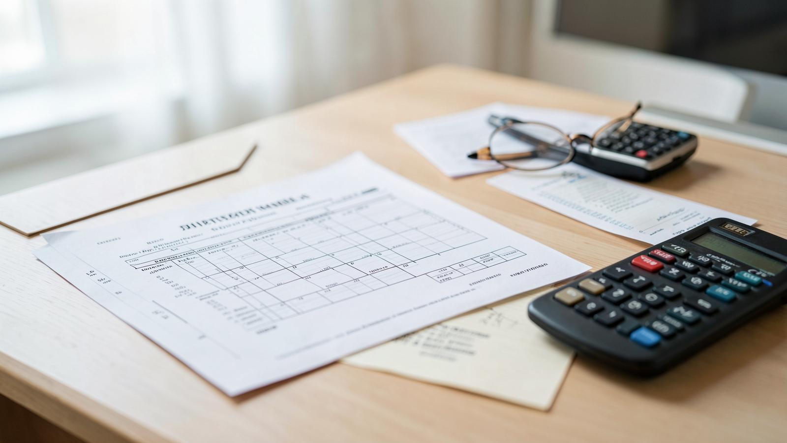A property survey report, certificates and a calculator laid out on a desk