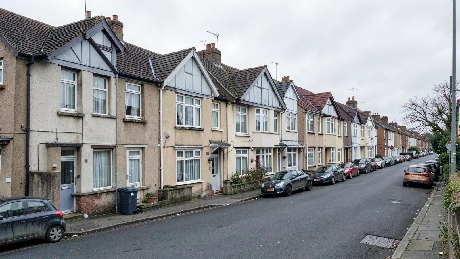 A British street of uniform post-war prefabricated houses with rendered walls
