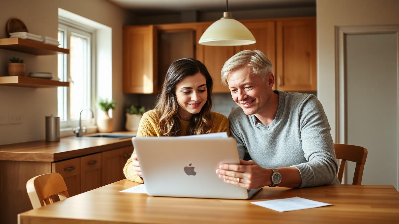 Couple reviewing mortgage paperwork on a laptop at their kitchen table