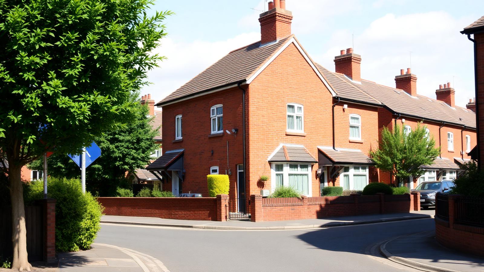 Red-brick British semi-detached houses on a residential street