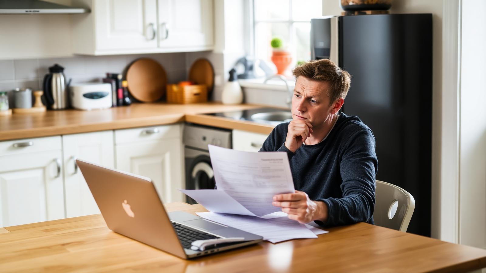 Person at a UK kitchen table reviewing paperwork and a laptop