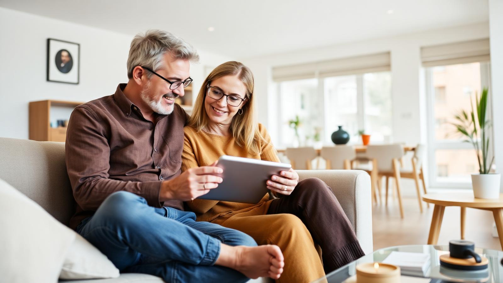 British couple discussing household finances together on a sofa with a tablet