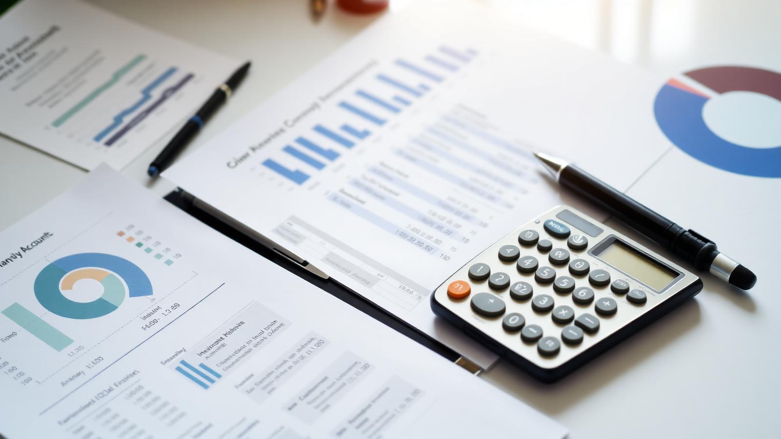 Company accounts with charts, a calculator and a pen on a desk