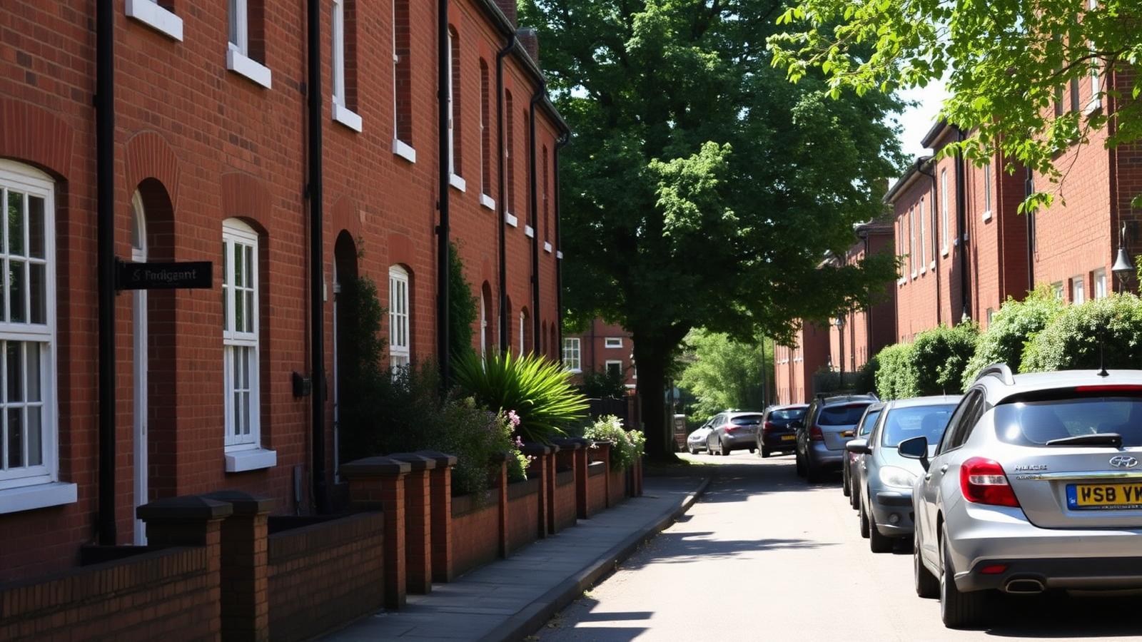A quiet British terraced street of brick houses on a sunny afternoon
