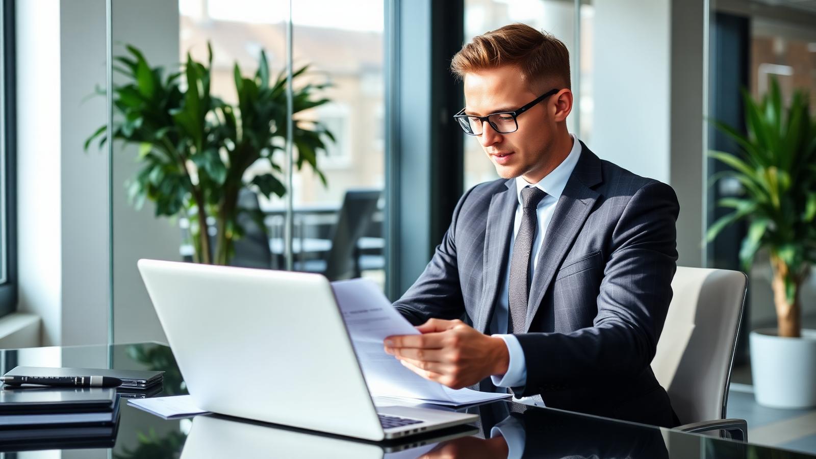 A company director reviewing business paperwork at a desk with a laptop