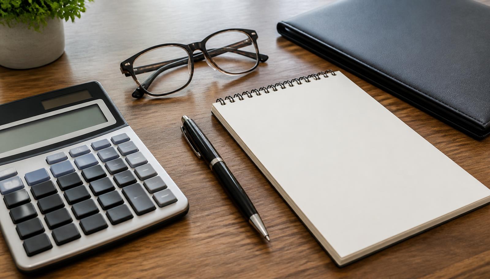 A calculator, pen, glasses and notepad on a wooden desk