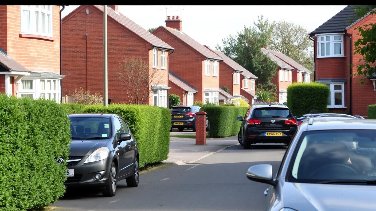 A quiet British residential street of red-brick semi-detached homes