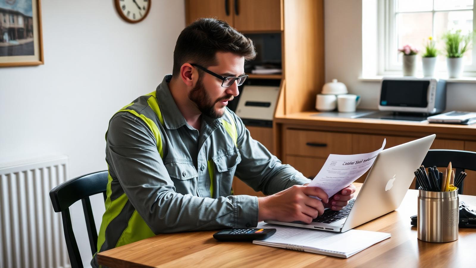 A self-employed tradesperson reviewing paperwork and a laptop at a kitchen table