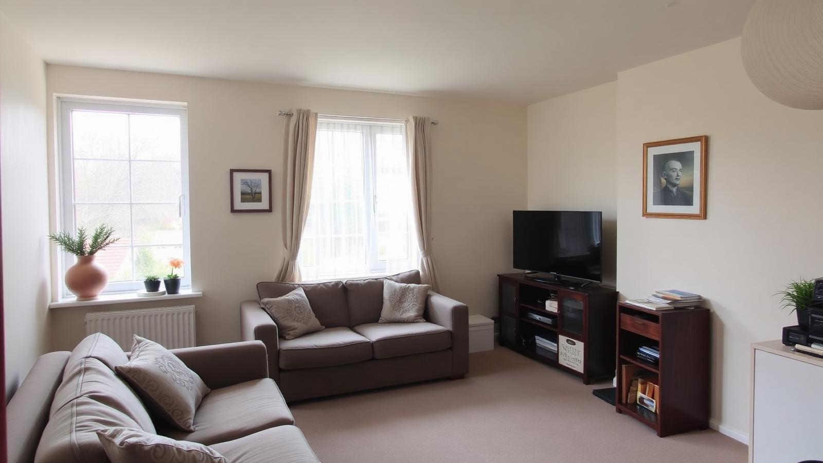 Living room inside a modest UK leasehold flat