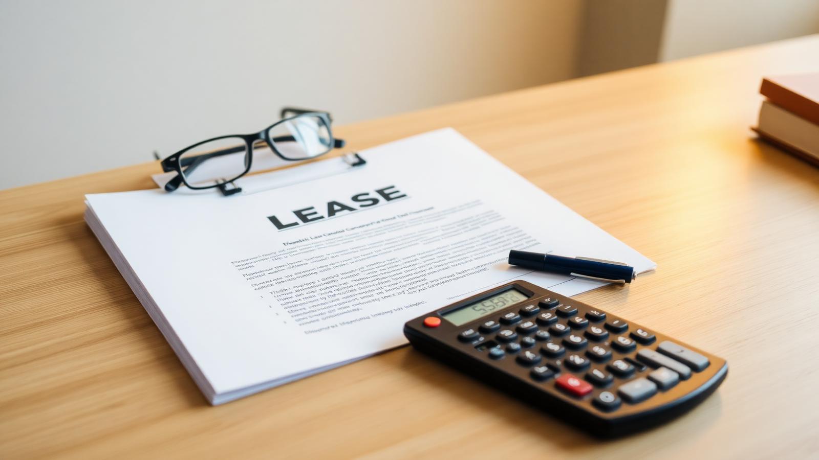 Lease document, reading glasses and a calculator on a conveyancer's desk