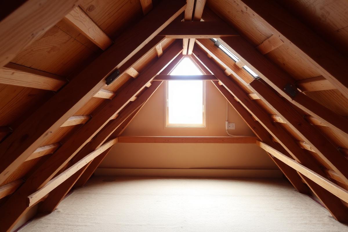 Interior of a UK loft roof space showing timber rafters and insulation