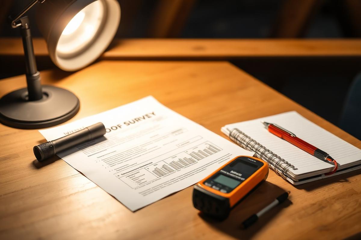 Surveyor's desk with a roof survey report, torch and moisture meter