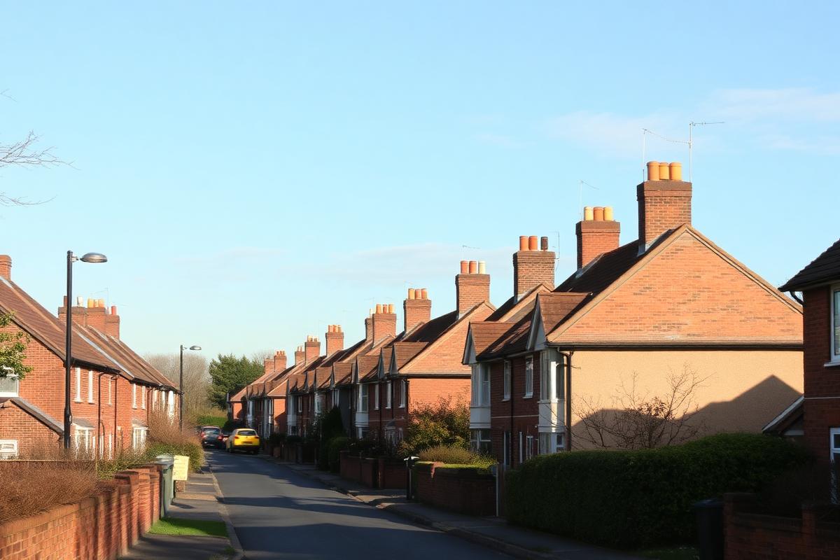 British residential street of pitched-roof houses with chimneys
