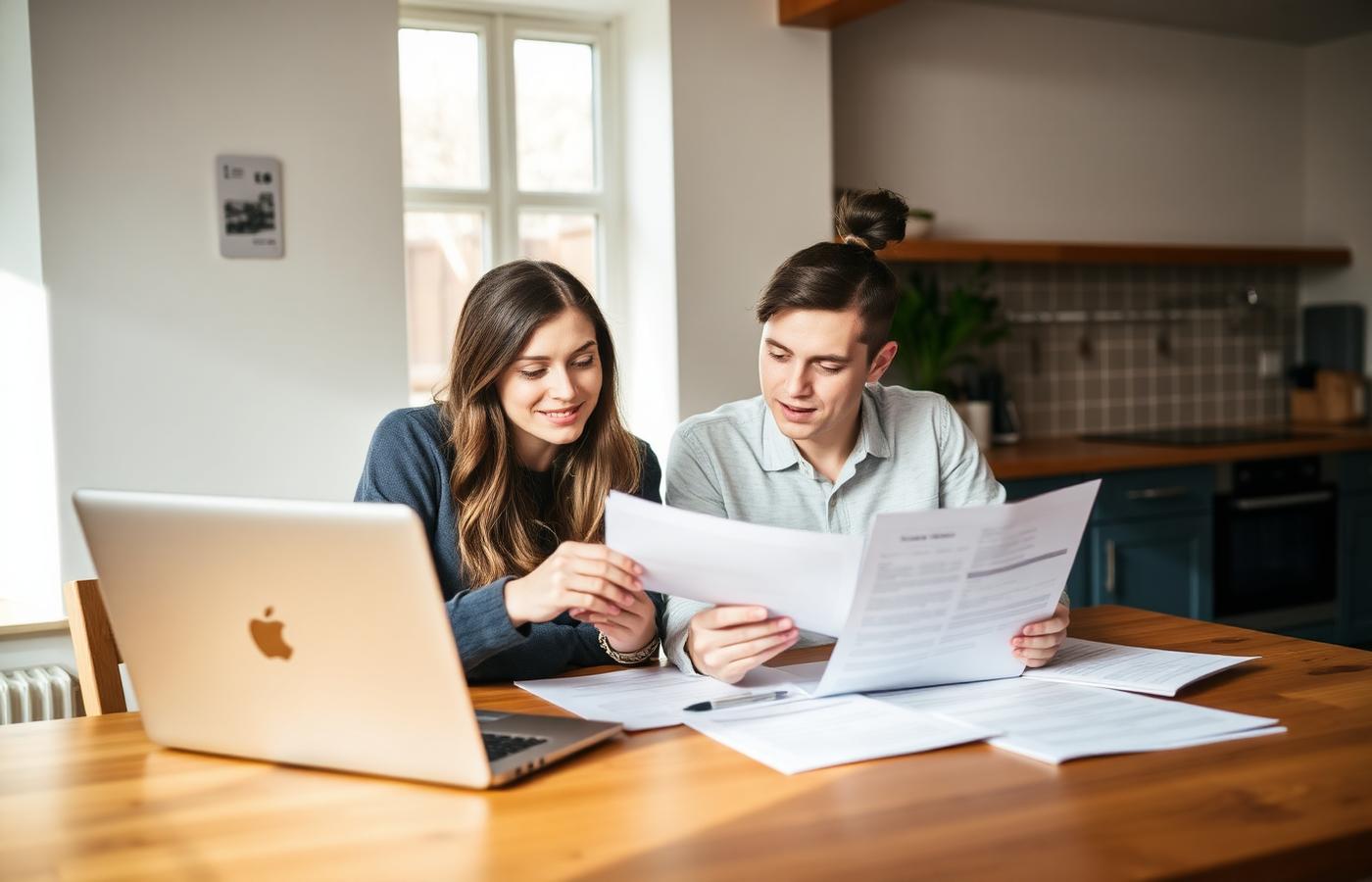 Young British couple reviewing home buying costs at their kitchen table with paperwork and a laptop