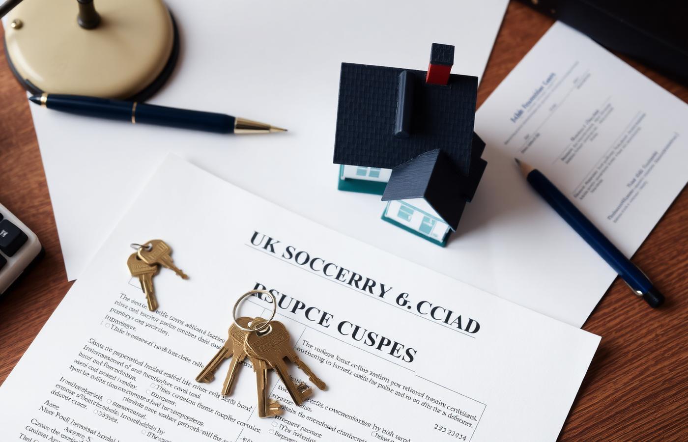 Solicitor's desk with UK property contracts, house keys and a pen