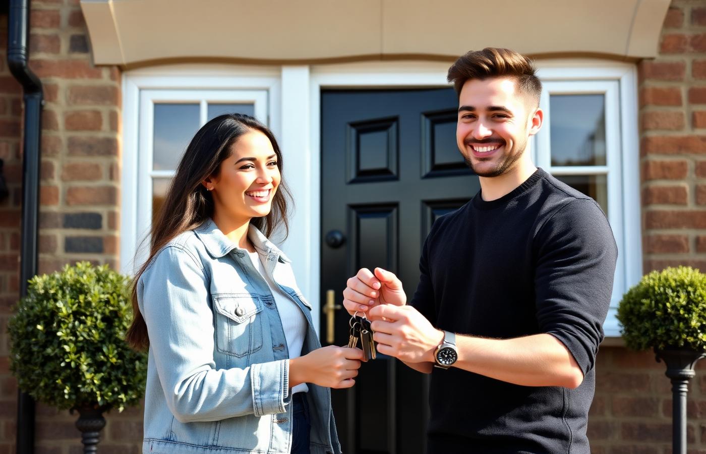 Happy young first-time buyer couple receiving keys outside their new British home