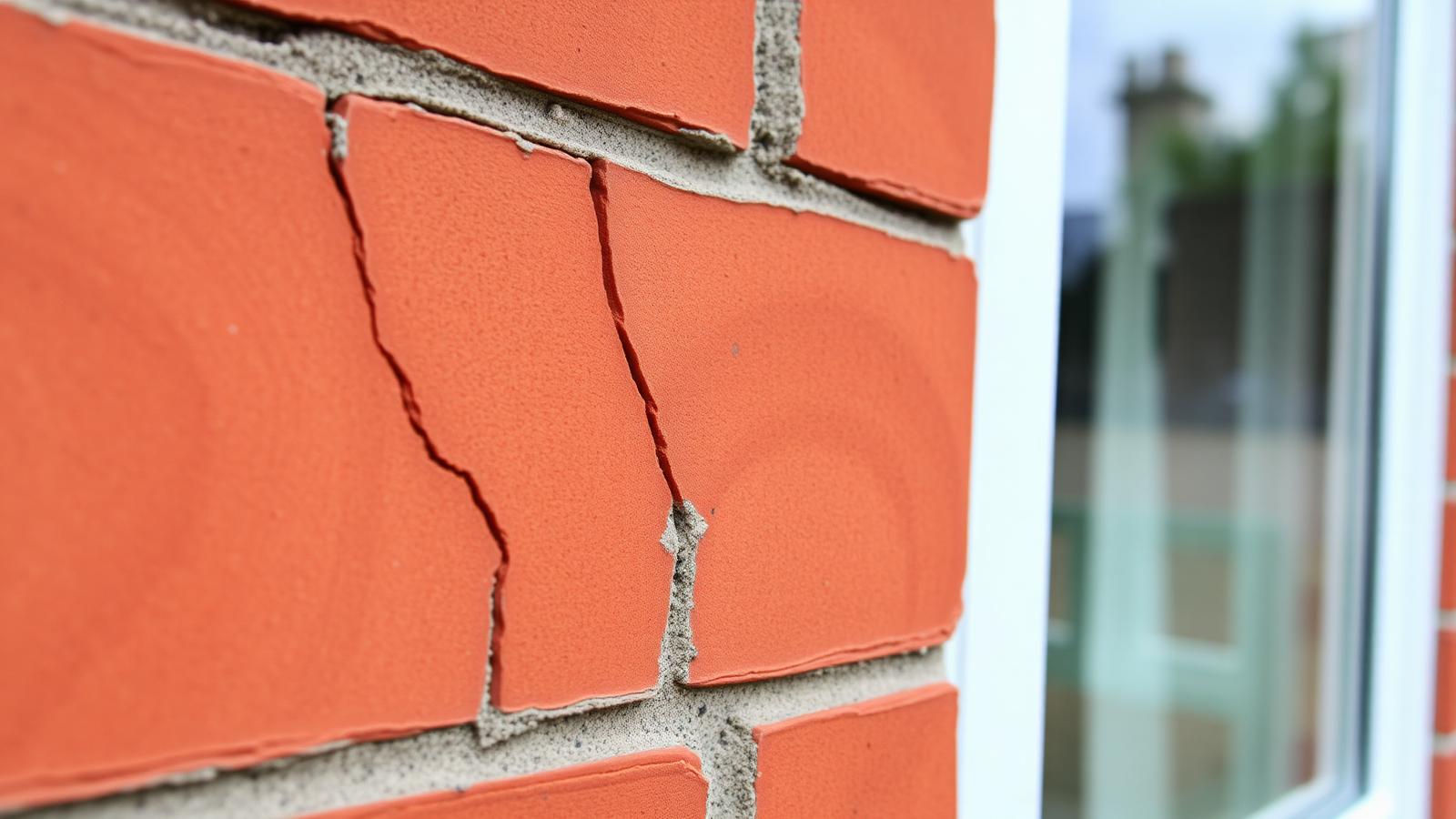 Close-up of stepped cracking in the brickwork of a UK house wall