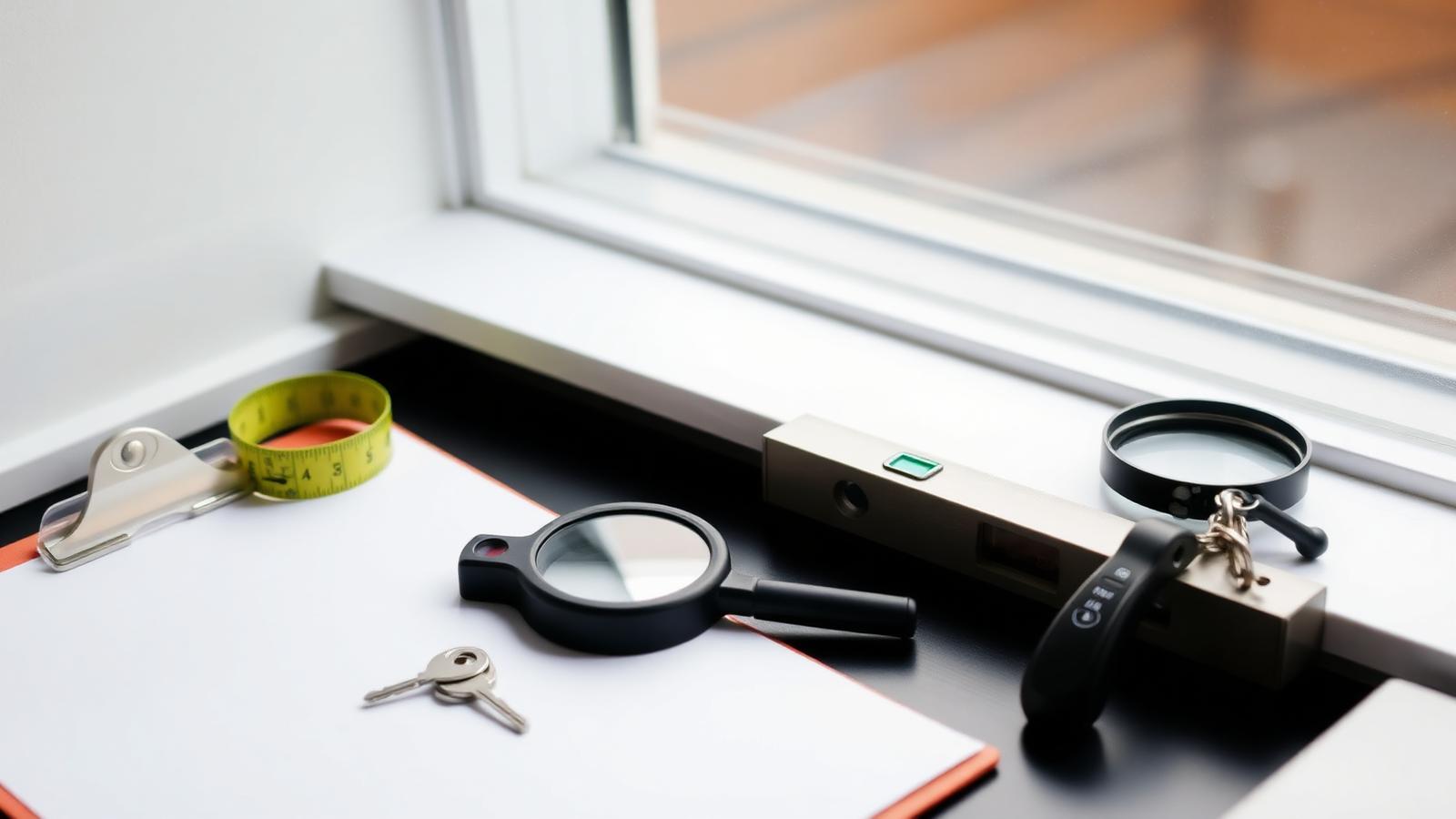 Surveying tools and a clipboard on a windowsill in a UK property