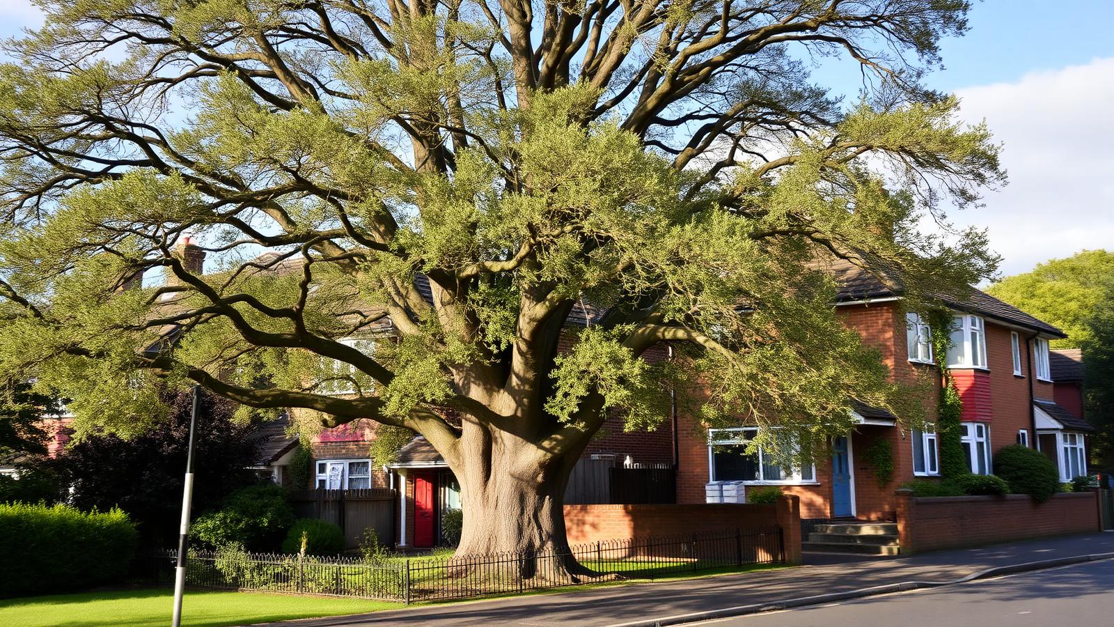A large mature tree growing close to a British suburban brick house
