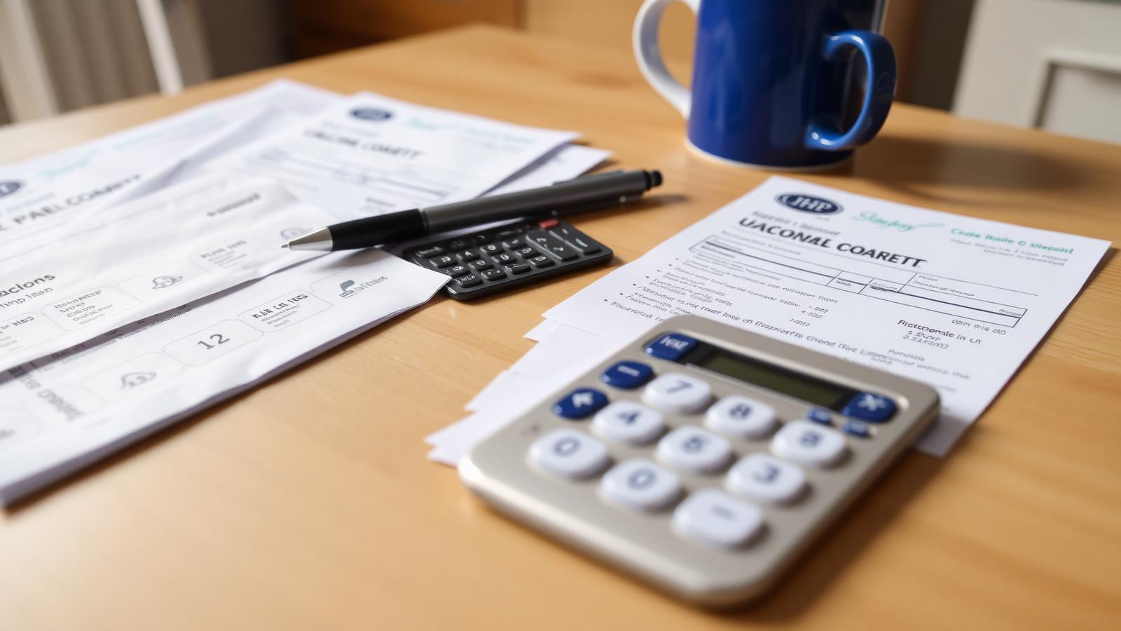 Payslips, bank statements and a calculator laid out on a kitchen table